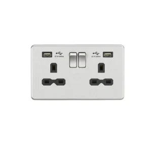 13A 2G SP Switched Socket With Dual USB A+A (5V DC 2.4A Shared) - Brushed Chrome