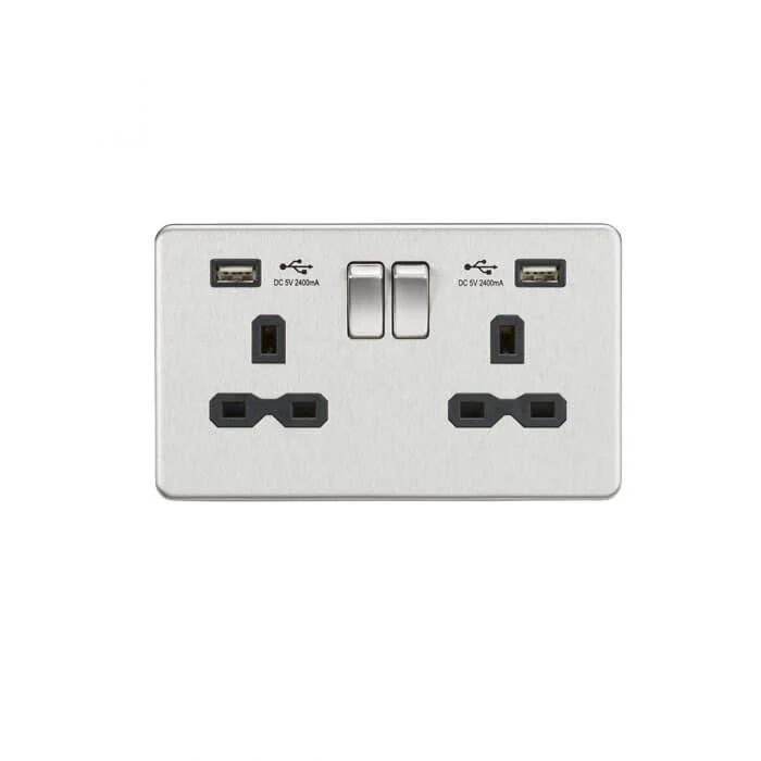 13A 2G SP Switched Socket With Dual USB A+A (5V DC 2.4A Shared) - Brushed Chrome