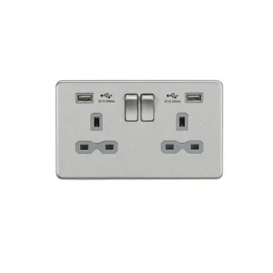 13A 2G SP Switched Socket With Dual USB A+A (5V DC 2.4A Shared) - Brushed Chrome