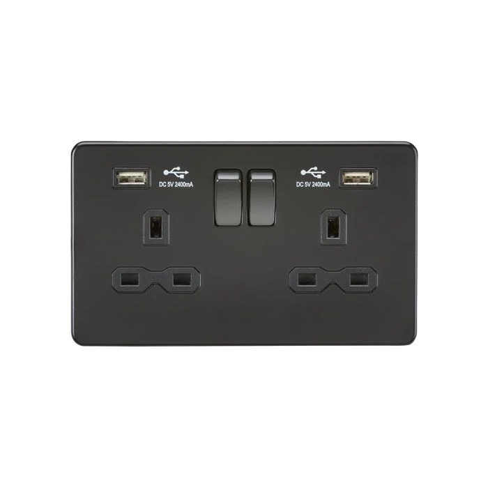 13A 2G SP Switched Socket With Dual USB A+A (5V DC 2.4A shared) - Matt Black