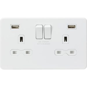 13A 2G SP Switched Socket With Dual USB A+A (5V DC 2.4A Shared) - Matt White
