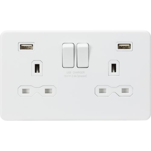 13A 2G SP Switched Socket With Dual USB A+A (5V DC 2.4A Shared) - Matt White