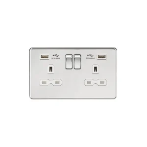 13A 2G SP Switched Socket With Dual USB A+A (5V DC 2.4A Shared) - Polished Chrome