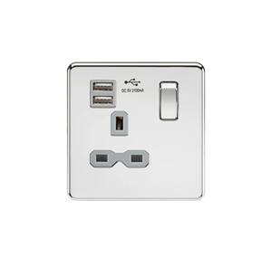 13A 1G SP Switched Socket With Dual USB A+A (5V DC 2.1A Shared) - Polished Chrome