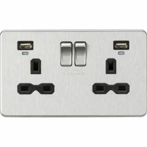 SFR9904NBC 13A 2G Switched Socket, Dual USB (2.4A) with LED Charge Indicators - Brushed Chrome w/black