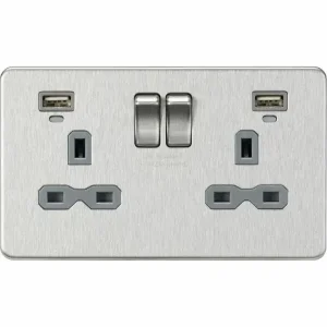 SFR9904NBCG 13A 2G Switched Socket, Dual USB (2.4A) with LED Charge Indicators - Brushed Chrome w/grey
