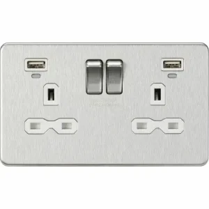 SFR9904NBCW 13A 2G Switched Socket, Dual USB (2.4A) with LED Charge Indicators - Brushed Chrome w/white