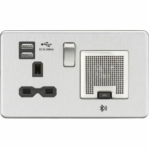 SFR9905BC 13A Socket Bluetooth Speaker and Dual USB A+A (5V DC 2.4A shared) - Brushed Chrome