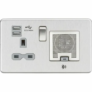 SFR9905BCG 13A Socket Bluetooth Speaker and Dual USB A+A (5V DC 2.4A shared) - Brushed Chrome