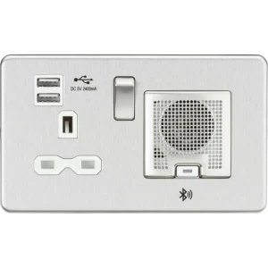 SFR9905BCW 13A Socket Bluetooth Speaker and Dual USB A+A (5V DC 2.4A shared) - Brushed Chrome