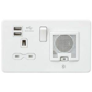 13A Socket Bluetooth Speaker And Dual USB A+A (5V DC 2.4A Shared) - Matt White With