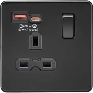 13A 1G SP Switched Socket With Dual USB A+C 12V DC 1.5A [Max. 18W] - Matt