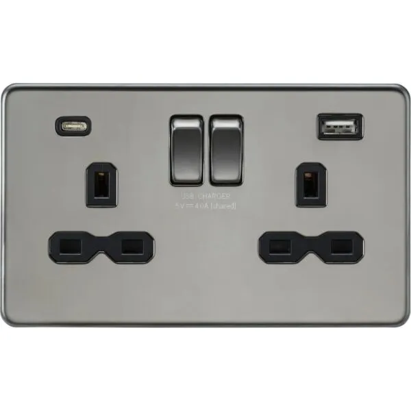 13A 2G SP Switched Socket with Dual USB A+C (5V DC 4.0A shared) - Black Nickel