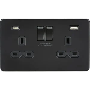 13A 2G SP Switched Socket with Dual USB A+C (5V DC 4.0A shared) - Matt Black