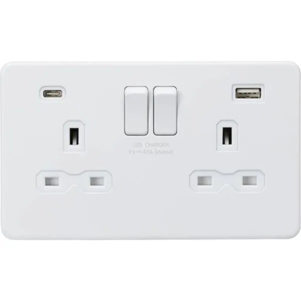 SFR9940MW 13A 2G SP Switched Socket with Dual USB A+C (5V DC 4.0A shared) - Matt