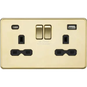 13A 2G SP Switched Socket with Dual USB A+C (5V DC 4.0A shared) - Polished Brass