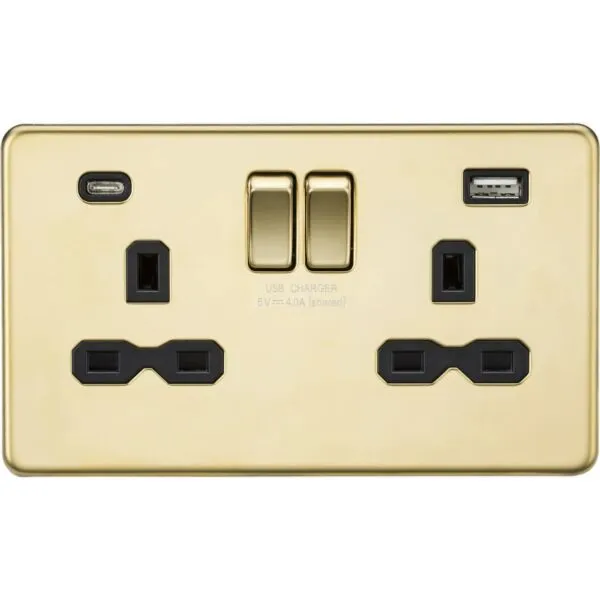 13A 2G SP Switched Socket with Dual USB A+C (5V DC 4.0A shared) - Polished Brass