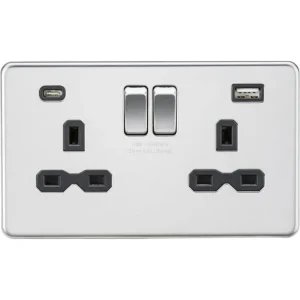 13A 2G SP Switched Socket with Dual USB A+C (5V DC 4.0A shared) - Polished Chrome