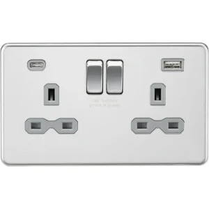 13A 2G SP Switched Socket with Dual USB A+C (5V DC 4.0A shared) - Polished Chrome
