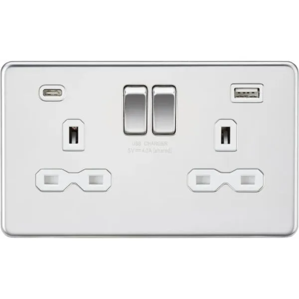13A 2G SP Switched Socket with Dual USB A+C (5V DC 4.0A shared) - Polished Chrome