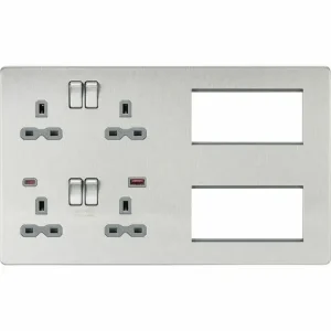 SFR998BCG Multimedia Combo Plate + Dual USB A+C 12V DC 1.5A (Max. 18W) - Brushed Chrome