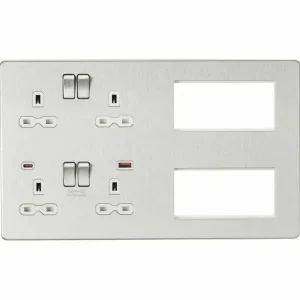 SFR998BCW Multimedia Combo Plate + Dual USB A+C 12V DC 1.5A (Max. 18W) - Brushed Chrome