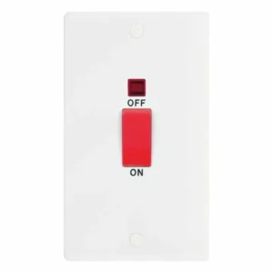 SSL518 Smooth White Large 1 Gang 45A 2 Pole Neon Red Rocker Plate Switch