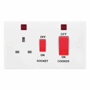 SSL533 Smooth White 45A Cooker Unit 13A Neon Red Rockers Switched Socket