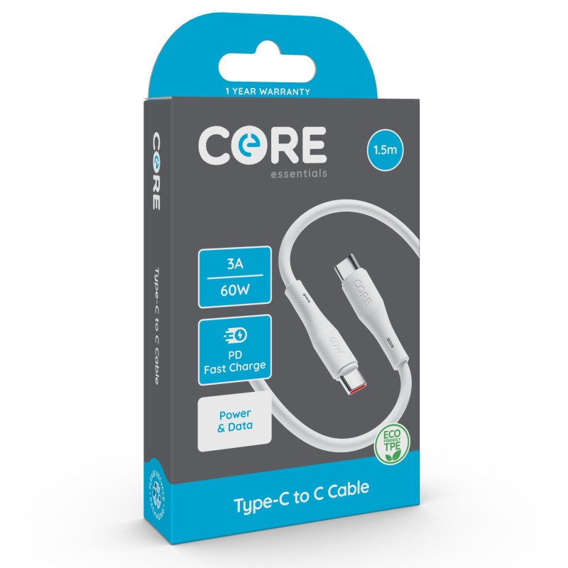Core Type-C to C Cable 1.5m TPE White 3A 60W PD