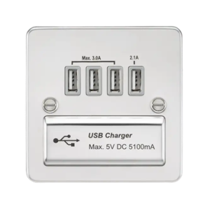 230V Quad USB-A Charger Outlet (5V DC 5.1A Shared) - Polished Chrome With Grey Insert