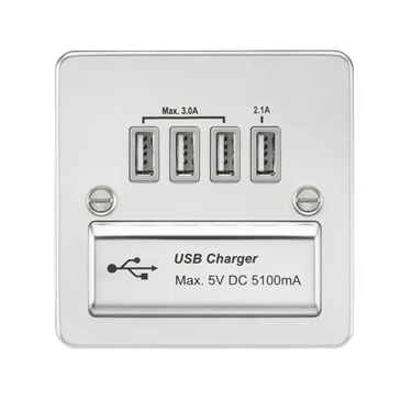 230V Quad USB-A Charger Outlet (5V DC 5.1A Shared) - Polished Chrome With Grey Insert