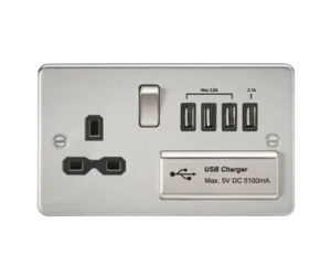 13A Switched Socket With Quad USB-A (5V DC 5.1A Shared) - Brushed Chrome With Black Insert