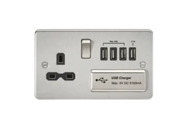 13A Switched Socket With Quad USB-A (5V DC 5.1A Shared) - Brushed Chrome With Black Insert