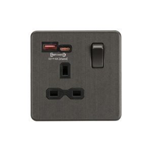 13A 1G SP Switched Socket with Dual USB A+C 12V DC 1.5A [Max. 18W] - Smoked
