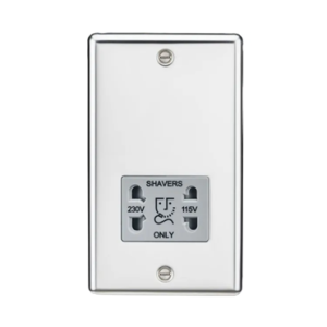 115-230V Dual Voltage Shaver Socket With Grey Insert - Bevelled Edge Polished Chrome