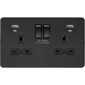 13A 2G Switched Socket, Dual USB (2.4A) With LED Charge Indicators - Matt Black