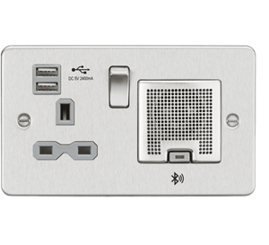 13A Socket Bluetooth Speaker And Dual USB A+A (5V DC 2.4A shared) - Brushed Chrome With