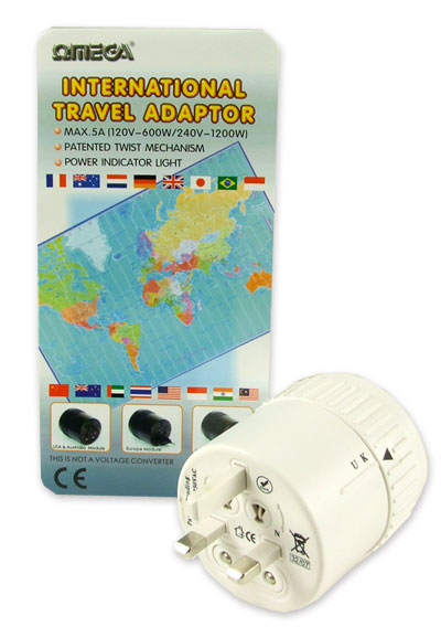 21125 Omega Travel Adaptor 3 Pin UK to Worldwide Europe USA Canada Australia NZ