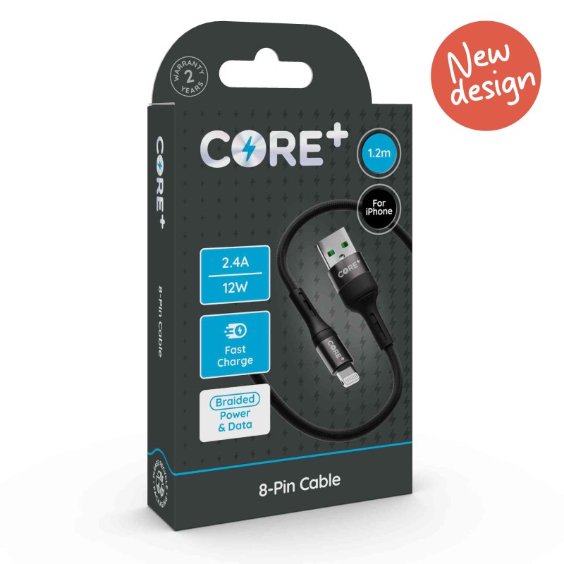 CORE+ 8-Pin Cable 1.2m Braided Black 2.4A 12W Fast Charge