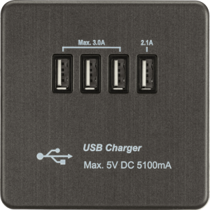 230V Quad USB-A Charger Outlet (5V DC 5.1A shared) - Smoked Bronze