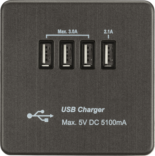 230V Quad USB-A Charger Outlet (5V DC 5.1A shared) - Smoked Bronze