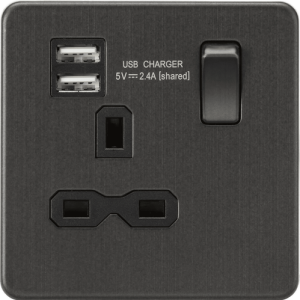 13A 1G SP Switched Socket with Dual USB A+A (5V DC 2.4A shared) - Smoked Bronze