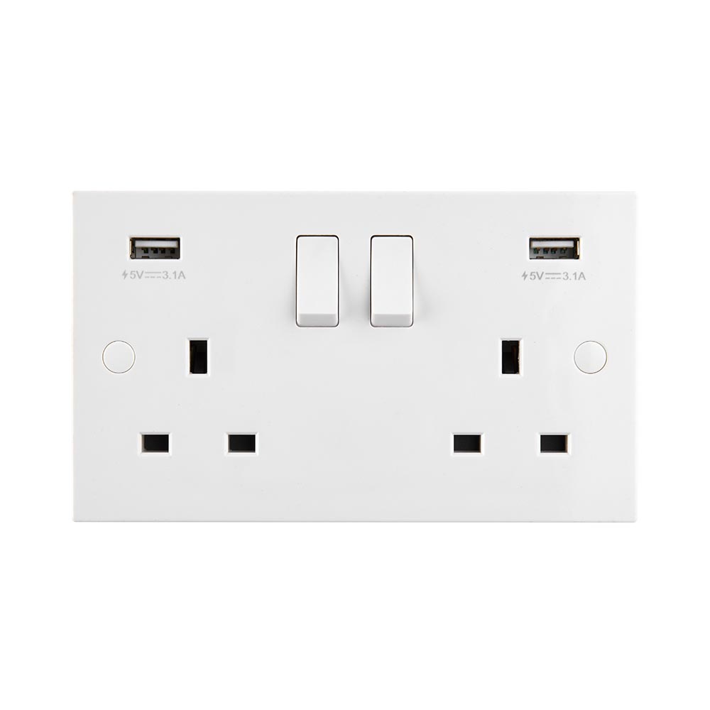 Square Edge 13A 2G DP Switched Socket With Twin 5V USB