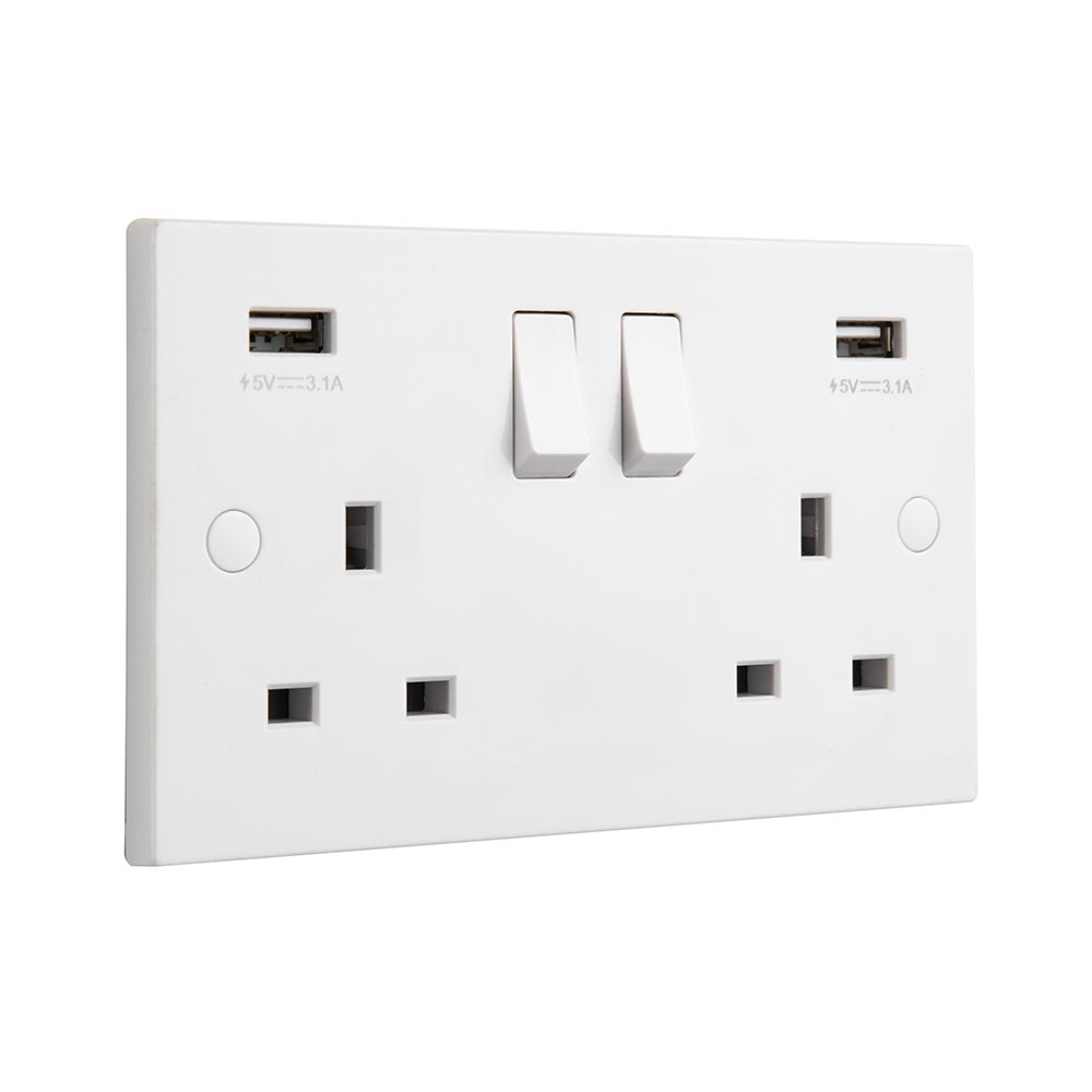 Square Edge 13A 2G DP Switched Socket With Twin 5V USB
