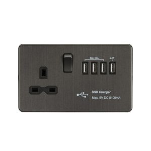 13A Switched Socket with Quad USB-A (5V DC 5.1A shared) - Smoked Bronze with Black Insert