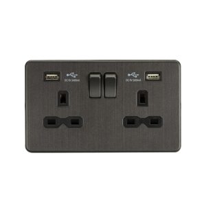 13A 2G SP Switched Socket with Dual USB A+A (5V DC 2.4A shared) - Smoked Bronze