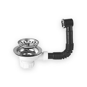Basket waste assembly with stainless steel strainer, white plastic body and black corrugated overflow hose
