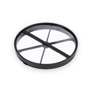 Circular black backdraft damper kit with cross supports and translucent leaves for a 100mm ceiling extractor fan