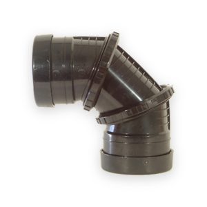 Black adjustable single socket pipe bend with ribbed joint rings and two cylindrical socket ends