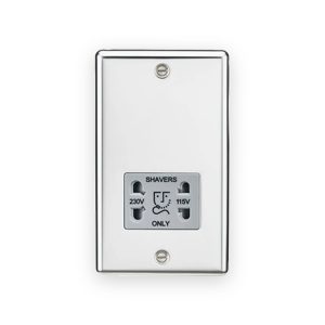 115-230V Dual Voltage Shaver Socket With Grey Insert - Bevelled Edge Polished Chrome